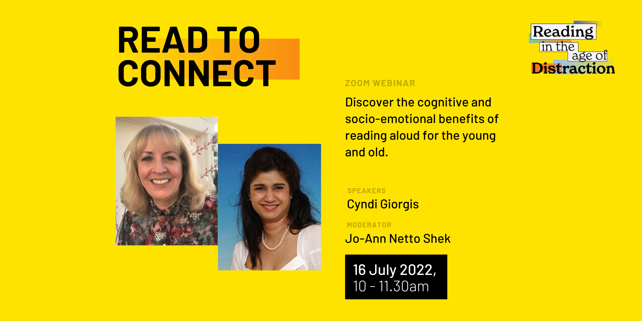 Yellow banner for a Zoom webinar titled Read to Connect featuring photos of speakers Cyndi Giorgis and Jo-Ann Netto Shek.